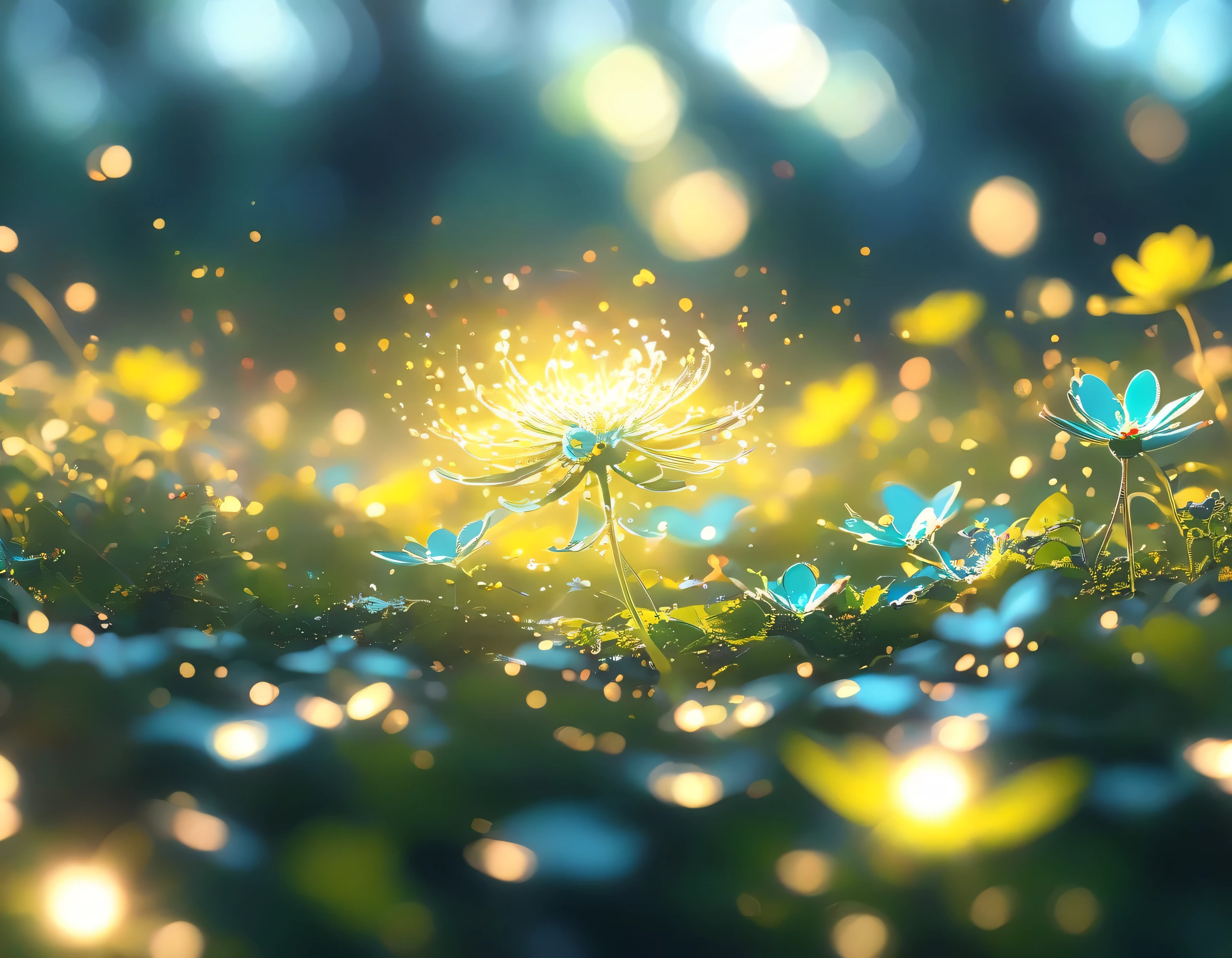 Create a 4K image of a glowing flower with petals emitting a soft, radiant light. The flower is in the center of a field of similar luminous blooms, illuminating the night. Use a close-up shot to focus on the glowing petals. The lighting should highlight the gentle glow, creating a mystical ambiance. Ensure the image is highly detailed, in sharp focus, and of very high quality with no blur