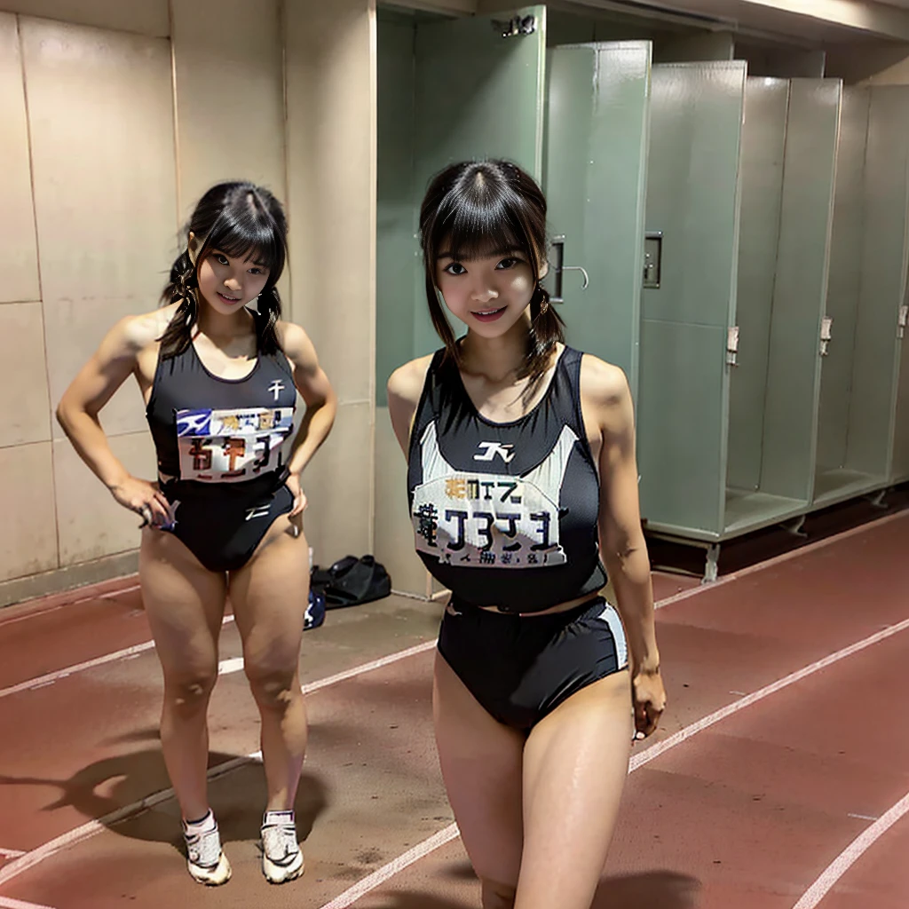 highest quality,masterpiece,Very detailed, 8k,Beautiful Japan woman at 19 years old:1.5, blunt bangs, Black hair ponytail, Small face, (Ritsumeikan University Track and Field Team Uniform:1.5), A very provocative smile、 ((Woman looking down in locker room:1.5, Breast Augmentation Surgery))、 height:176cm
