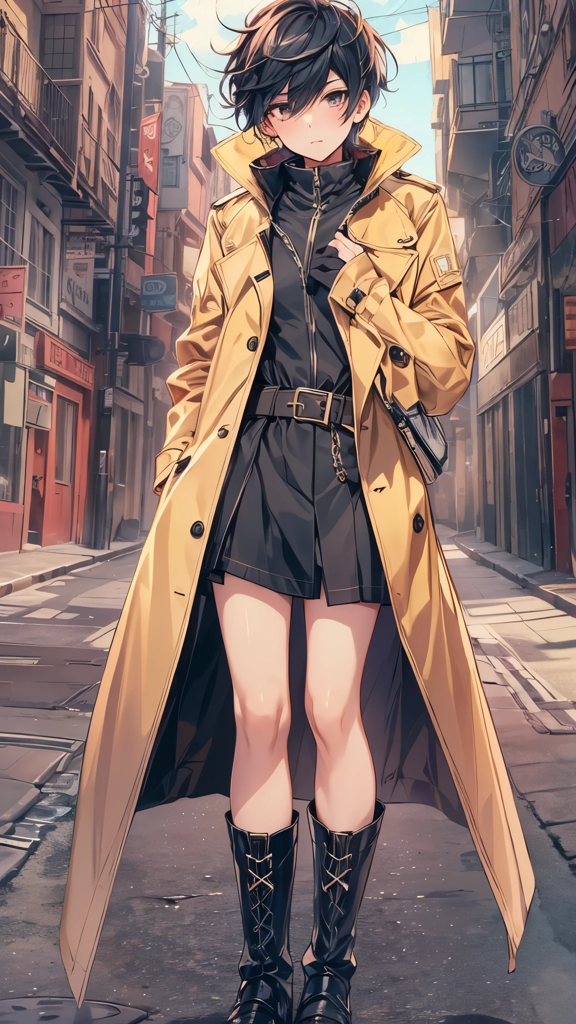 highest quality,Super detailed,((whole body)),((One boy)),((short hair)),((Male Body)),((cross-dress)),blush,I was upset,((No breasts)),((trench coat)),((Knee-high boots(black))),Vibrant colors,Soft lighting,background:street