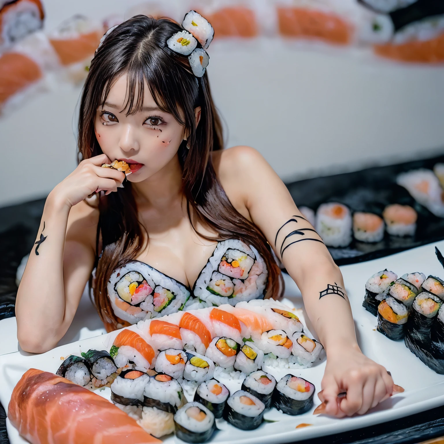 (Girl lying on her back on a table:1.3), Wearing a bikini, (There is so much sushi that you can't eat it all.、Placed directly on her body, The number of sushi decorated all over the body々:1.8), (highest quality:1.4), (super high quality), Professional photography, Cinema Lighting, (Highly detailed beautiful face), Great face and eyes, (View from above:1.3),