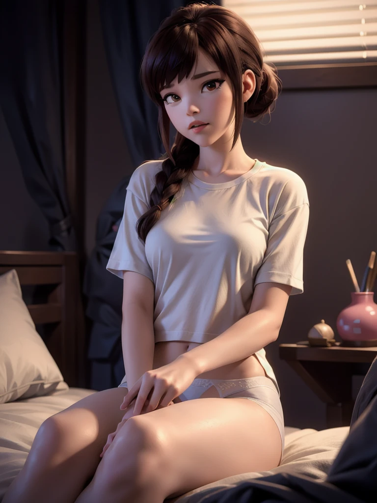 (DVA from Overwatch) without her mech, a woman with short brown hair in a (ponytail),she sits on her bed with her legs spread, high quality refelctions, volumetric lighting, she is wearing a loose short (plain ice white t-shirt), very short sleeves, in her bedroom on her bed, 1 girl solo, cinematic lighting, high resolution, physically-based rendering, 8k, volumetric lighting, hyperrealistic, detailed facial features, masterpiece, full upper body, gaming setup in background, cinematic, you can see the fabric of the shirt and the knits very detailed,(she has very small  breasts), nsfw, the focus is on her whole body and the environment, cinematic screenshot, you can see the (whole room) and her sitting on the bed, she wears an underwear panty as she is going to sleep soon