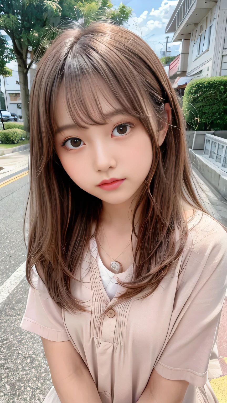 blush, Sunburn marks on tanned skin、blush、Light brown medium hair,A cute -yeld giwith a cute look, A strong wind blows my hair in front of my face、Beautiful big sparkling eyes, Cute eyes hidden by long bangs、Yawn、No visible nasolabial folds、A short, light-colored ummer shirts with cute designs and colorful designs、Korean Beauty、