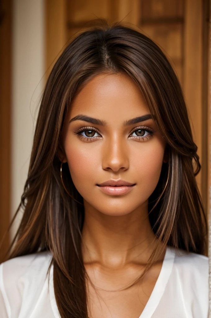a beautiful woman with tanned skin, long, straight light brown hair and brown eyes