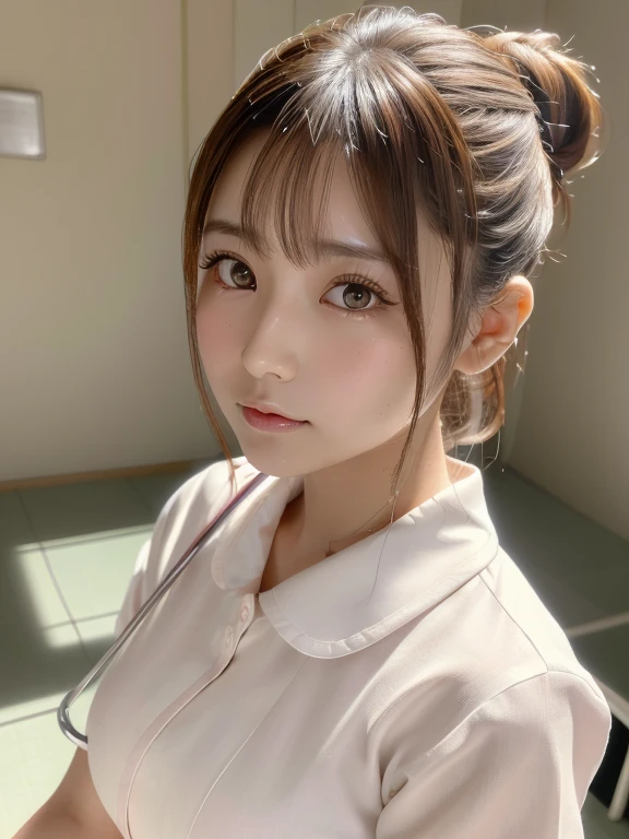 highest quality, Face Focus, Soft Light, Ultra-high resolution, (Realistic:1.4), RAW Photos,
1 Japanese girl, alone, cute, (pupil, Light in your eyes),  Beautiful face in every detail, (High resolution detail of human skin texture),
(ponytail),
In the hospital,
White nurse uniform、(undressing、open clothes)
、Extremely detailed eye resolution、Low - Angle