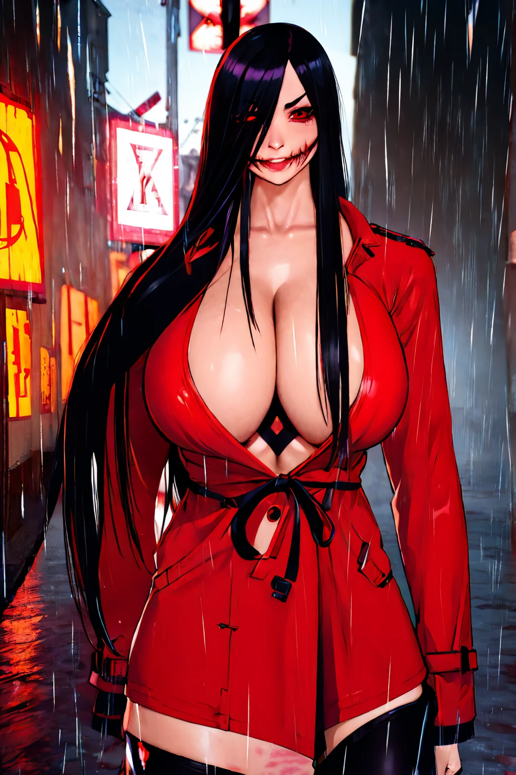Kuchisake-onna Super Extra large breasts breast enlargement, red coat, long hair, red eyes, black garter stockings, black bikini, full-body shot, looking at the camera, standing alone in the rain, holding a large scissor in her right hand, lips split, stitches, smiling, blushing, shy and cute
