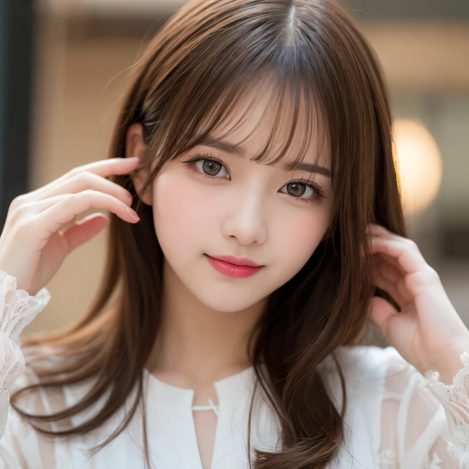 Tabletop, highest quality, shape, Very detailed, finely, High resolution, 8k wallpaper, 完璧なダイナミックな構shape, Beautiful and exquisite,ランダムなcute髪,,Natural color lip, Bold sexy pose,smile、20-year-old girl、cute、Looking into the camera,Always blur the background,Perfect and beautiful face,Slim face and figure,Big eyes、Putting on gal makeup,Small face,Shooting from below、Blurred Background,Elegant feminine face、smile、Actual Photos、Adult Lolita Fashion、Malaise