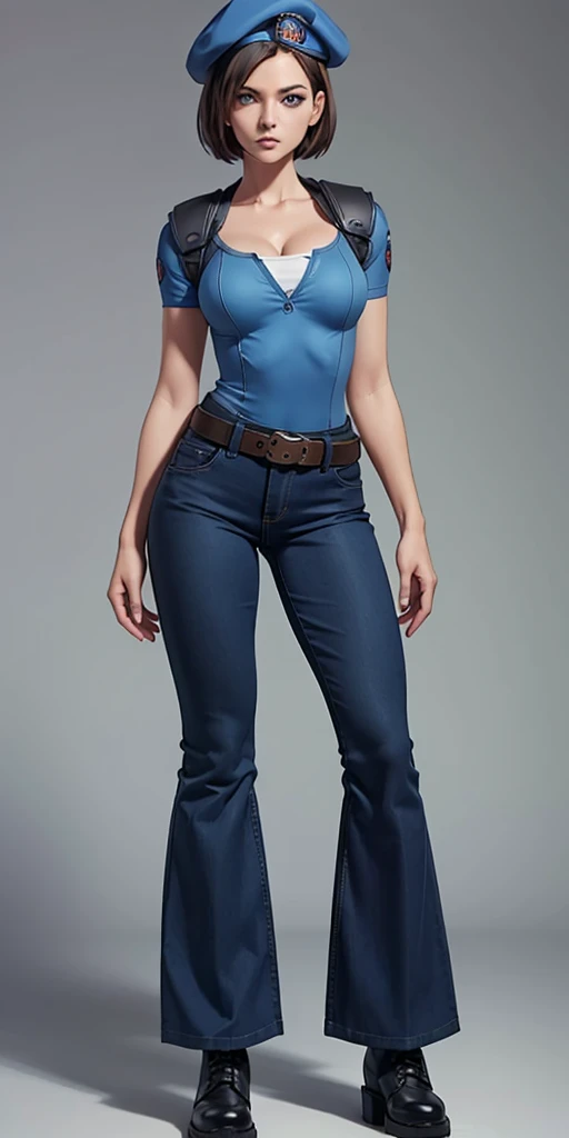 Jill Valentine, masterpiece, best quality, 1girl, solo, standing, jillre1, beret, uniform, shoulder pads, short sleeves, harness, belt, bell-bottom blue pants(Wide flares on pants:1.2), cleavage, black combat boots, full body, perfect blue eyes, perfect red mouth,