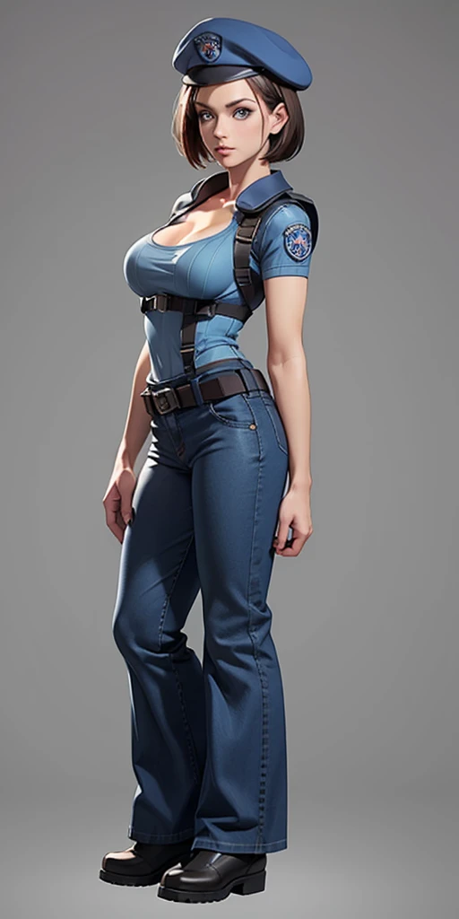 Jill Valentine, masterpiece, best quality, 1girl, solo, standing, jillre1, beret, uniform, shoulder pads, short sleeves, harness, belt, bell-bottom blue pants(Wide flares on pants:1.2), cleavage, black combat boots, full body, perfect blue eyes, perfect red mouth,