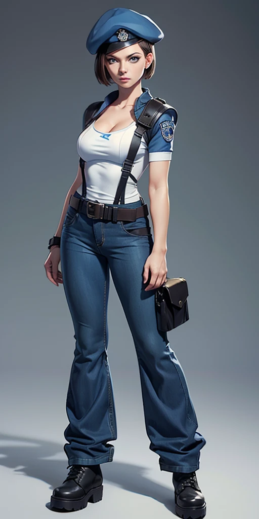Jill Valentine, masterpiece, best quality, 1girl, solo, standing, jillre1, beret, uniform, shoulder pads, short sleeves, harness, belt, bell-bottom blue pants(Wide flares on pants:1.2), cleavage, black combat boots, full body, perfect blue eyes, perfect red mouth,