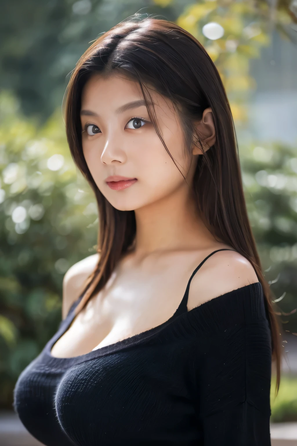 8k images, highest quality, masterpiece, Realistic, Realistic, High resolution, Ray Tracing, 1 sexy Japanese model, Dark deep V-neck sweater,Big Breasts, Shapely breasts, Detailed skin texture, Shortcuts, Straight hair, Slim figure, ((View your audience))