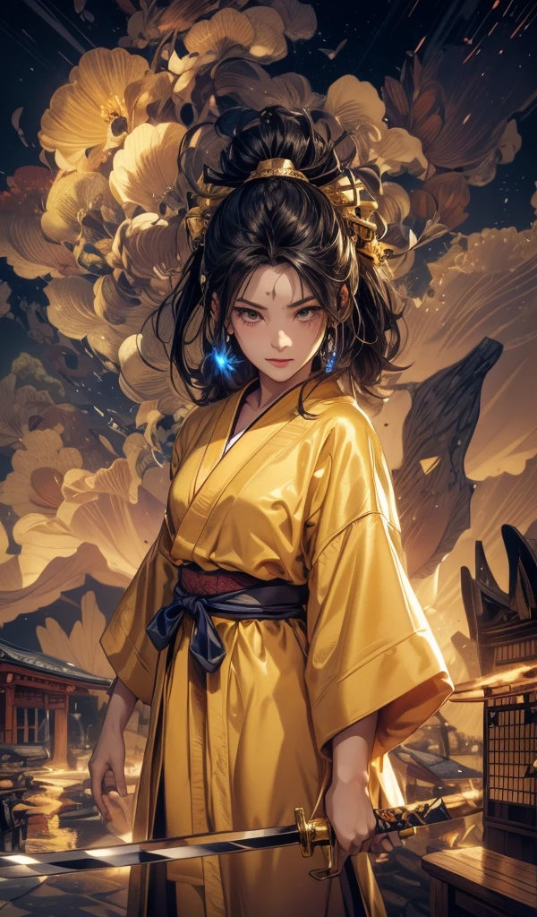 Japanese sword in right hand、All-gold kimono、The kimono has a shiny blue floral pattern..、Gorgeous golden kimono、The kimono is thigh-length、the face remains the same、The blade of the Japanese sword shines brightly.、Sengoku period、Blue flower hair ornament、Exposing thighs、Night Rain、Dark Night、The moonlight shines faintly