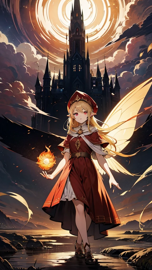 Fairy girl with wings and a fire orb in hand, red ring in finger, Classic Long Dress, Wizard Hat, Classic Wizard Hat, Fairy Wings, Red eyes and Blonde Hair, Golden Hair, Serious face, detailed hands, magic, arcane powers, RPG Character, pointy ears, look serious, casting a spell, walking in nature, horizon behind, city, fire, 4k, full hd, detailed image, high quality image