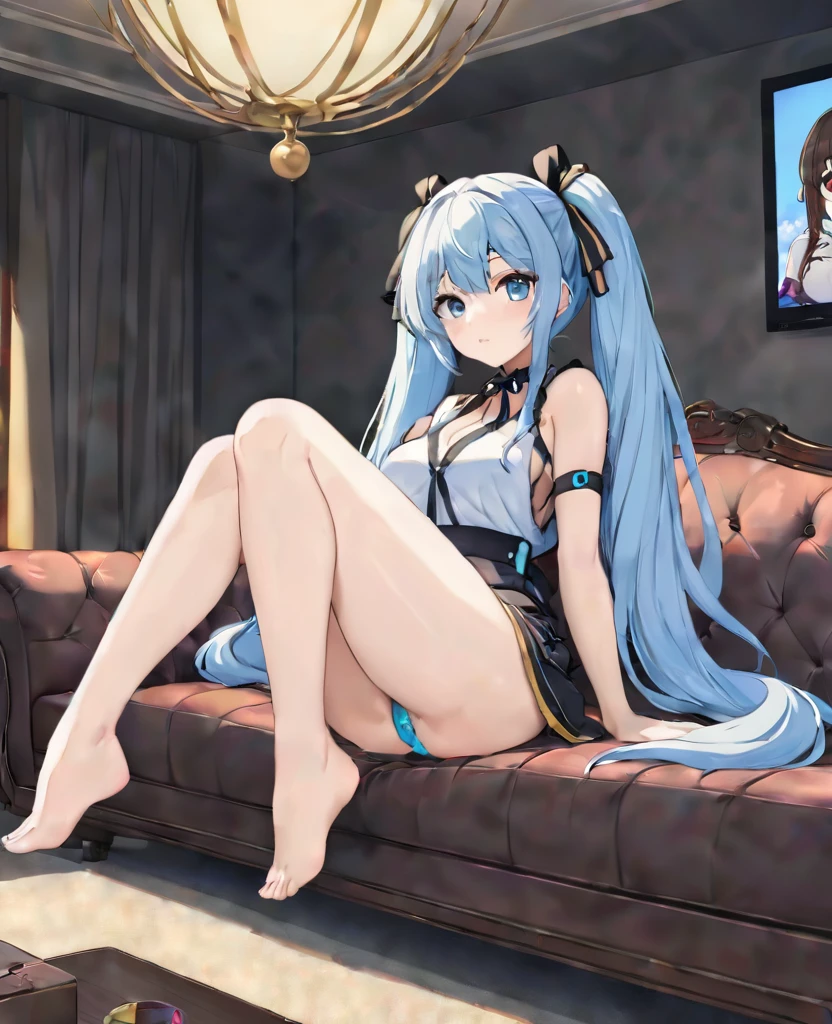 Light blue long hair sitting on sofa、Twin-tailed Girl, Anime Girls、Has a large dark brown band-aid on his leg、From Girls Frontline, Soda themed girl, Best Anime 4K Konachan Wallpaper, artstation pixivでトレンド, 魅惑的なAnime Girls,