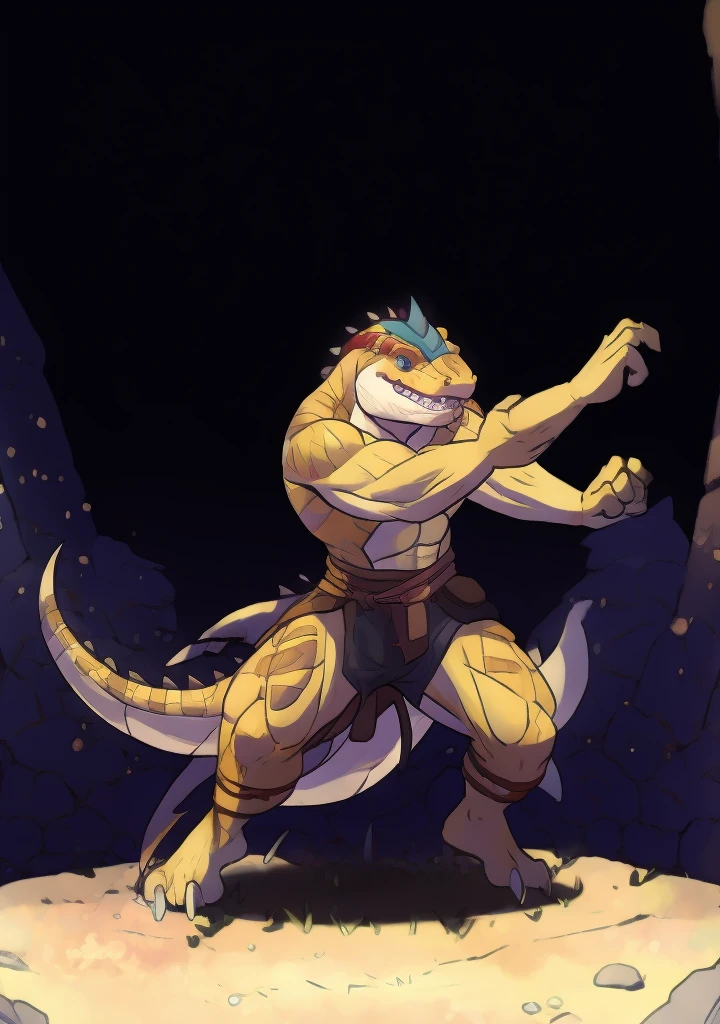 A lizardman with a fish helmet duels in the arena