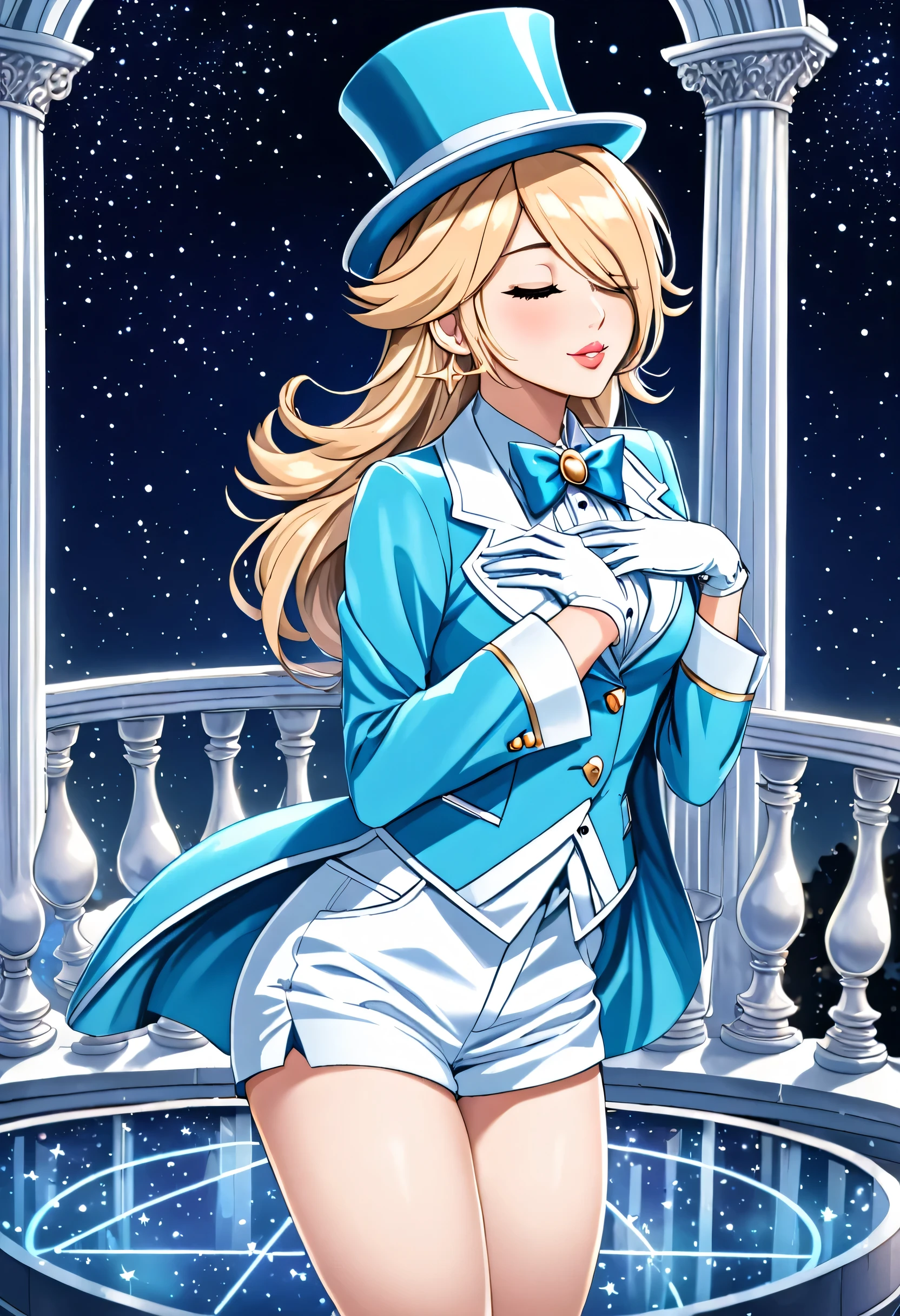 (masterpiece, Best quality, high resolution, hdr), 1girl, solo, lips, rosalina, ((oversized sky blue top hat and suit and short pants with white trim)), (sky blue high heels), (large silver bowtie), white gloves, (magician), (playful sigh, coy), starry background, posing on a crystal platform with a marble gazebo in the center, shooting stars in sky, (glamorous pose, broadway vibes), adult appearance, dapper pose, (standing up), (hands over heart, eyes closed), (detailed outfit, detailed eyes, detailed hair, detailed hat), medium breasts