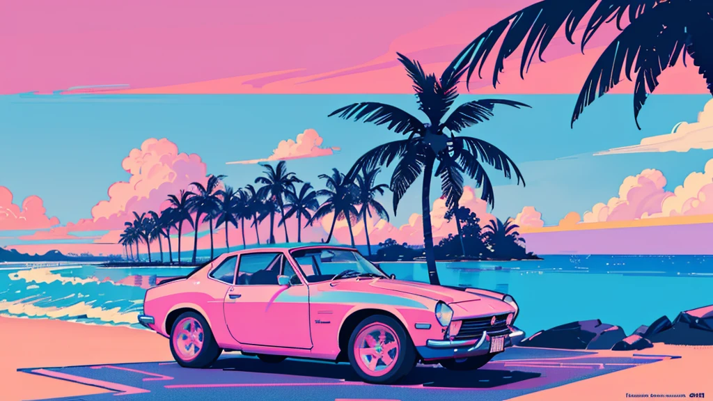 Seaside, Pink Sky, Palm tree, Blue Classic Car, Blue and pink neon,Lo-fi illustration, anime art wallpaper 4k, anime art wallpaper 4k,One Girl,