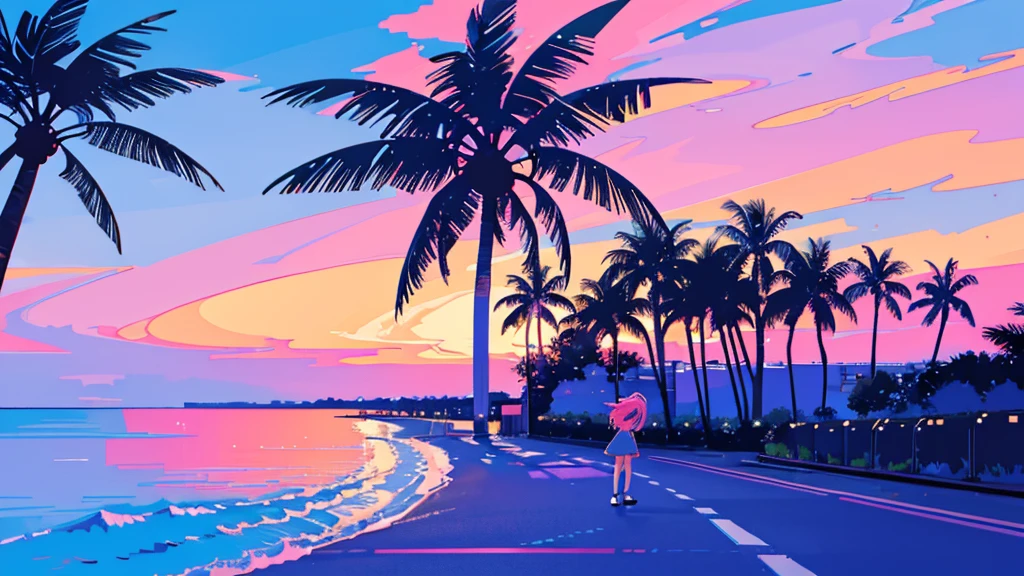 Seaside, Pink Sky, Palm tree, Blue Classic Car, Blue and pink neon,Lo-fi illustration, anime art wallpaper 4k, anime art wallpaper 4k,One Girl,