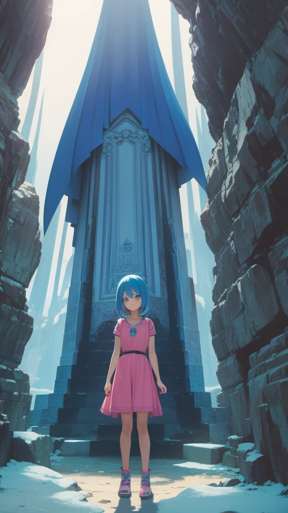Chica con pelo azul y vestido rosa, embarks on an epic journey into the unknown, finding magical beings and extraordinary creatures that guide her in her search.