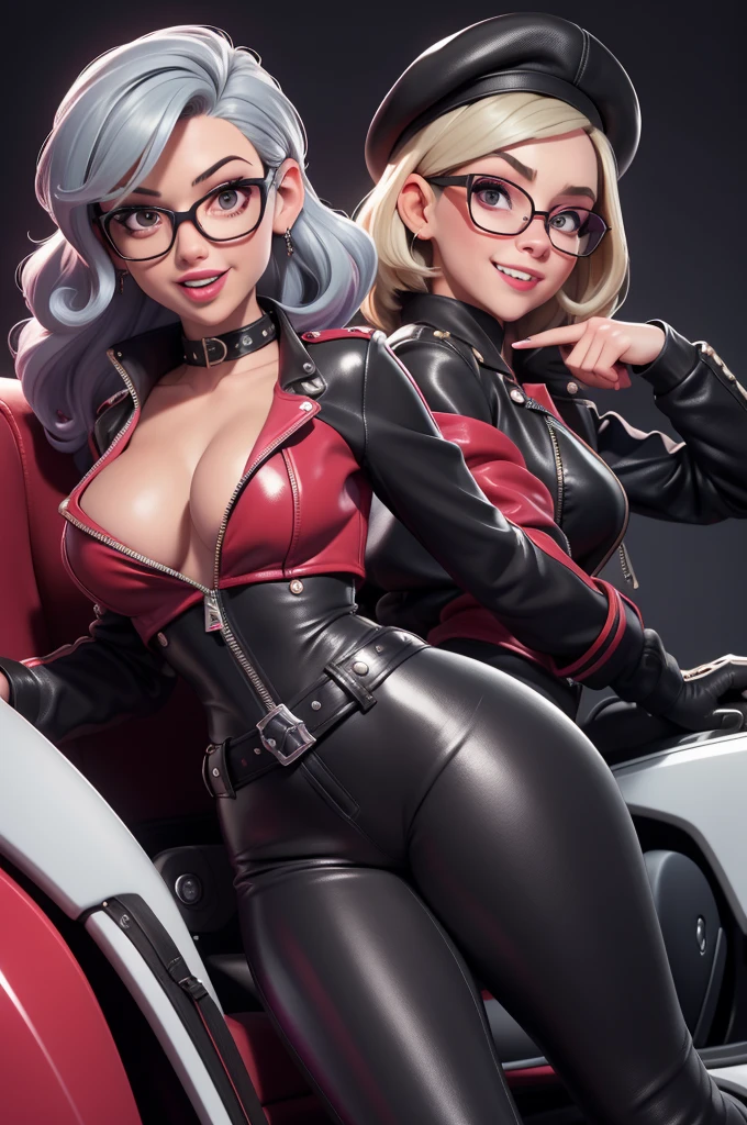 obra prima, melhor qualidade, (kat timpf 70yo face wrinkles) head back, sassy wicked girl, big toothy smile, open mouth, fat lips, ultra shiny pastel lipstick, (silver rounded bob hair,) black plastic glasses, leather biker jacket, leather pants with studs zippers snaps, leather beret, nipples, (metallic bright cherry red leather outfit,) shiny leather gloves, body is skinny, reclining in car seat, arched back, hips twisted, stick shift, overhead camera view, looking down at me, shallow depth of field, highres, HD, 8k, anatomically correct