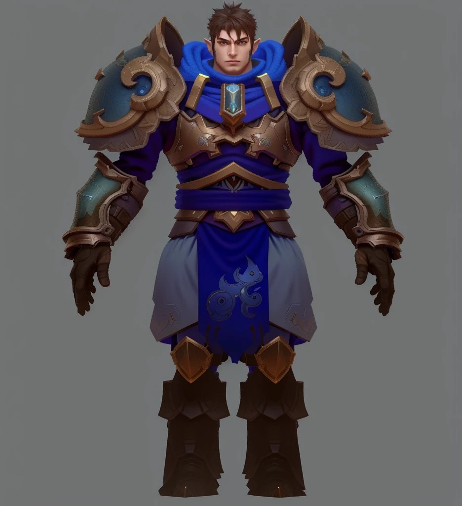 Close-up of people wearing blue and brown clothing, a human Male Paladin, dark blue segmented armor, cloud mage robes, epic Paladin Armor, Male Paladin, kiranyana style, cotton cloud mage robes, Paladin Armor, World of Warcraft Armor, Dark blue leather armor, warcraft character, Wearing sculpted armor,3D Character Art,Ashe,2。5 D CGI Anime Fantasy Artwork,CGScosiety,Close-up characters,As seen on the Art Station