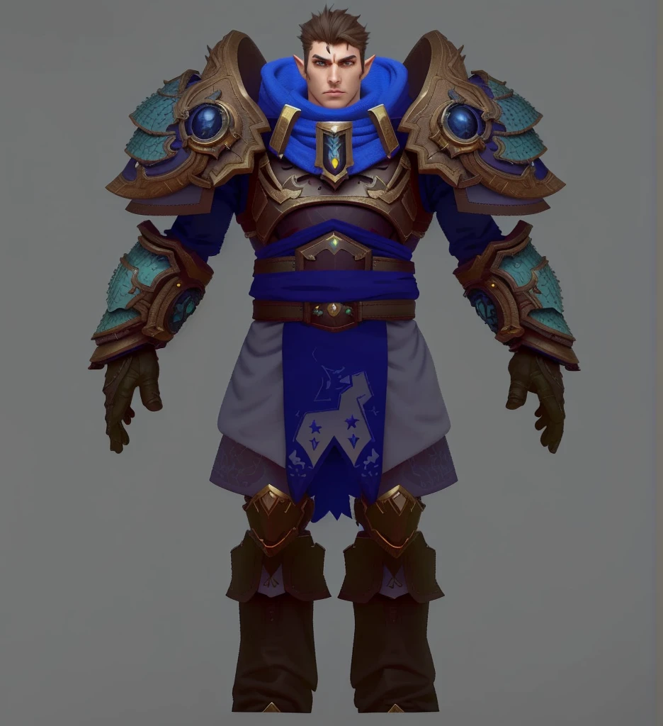 Close-up of people wearing blue and brown clothing, a human Male Paladin, dark blue segmented armor, cloud mage robes, epic Paladin Armor, Male Paladin, kiranyana style, cotton cloud mage robes, Paladin Armor, World of Warcraft Armor, Dark blue leather armor, warcraft character, Wearing sculpted armor,3D Character Art,Ashe,2。5 D CGI Anime Fantasy Artwork,CGScosiety,Close-up characters,As seen on the Art Station