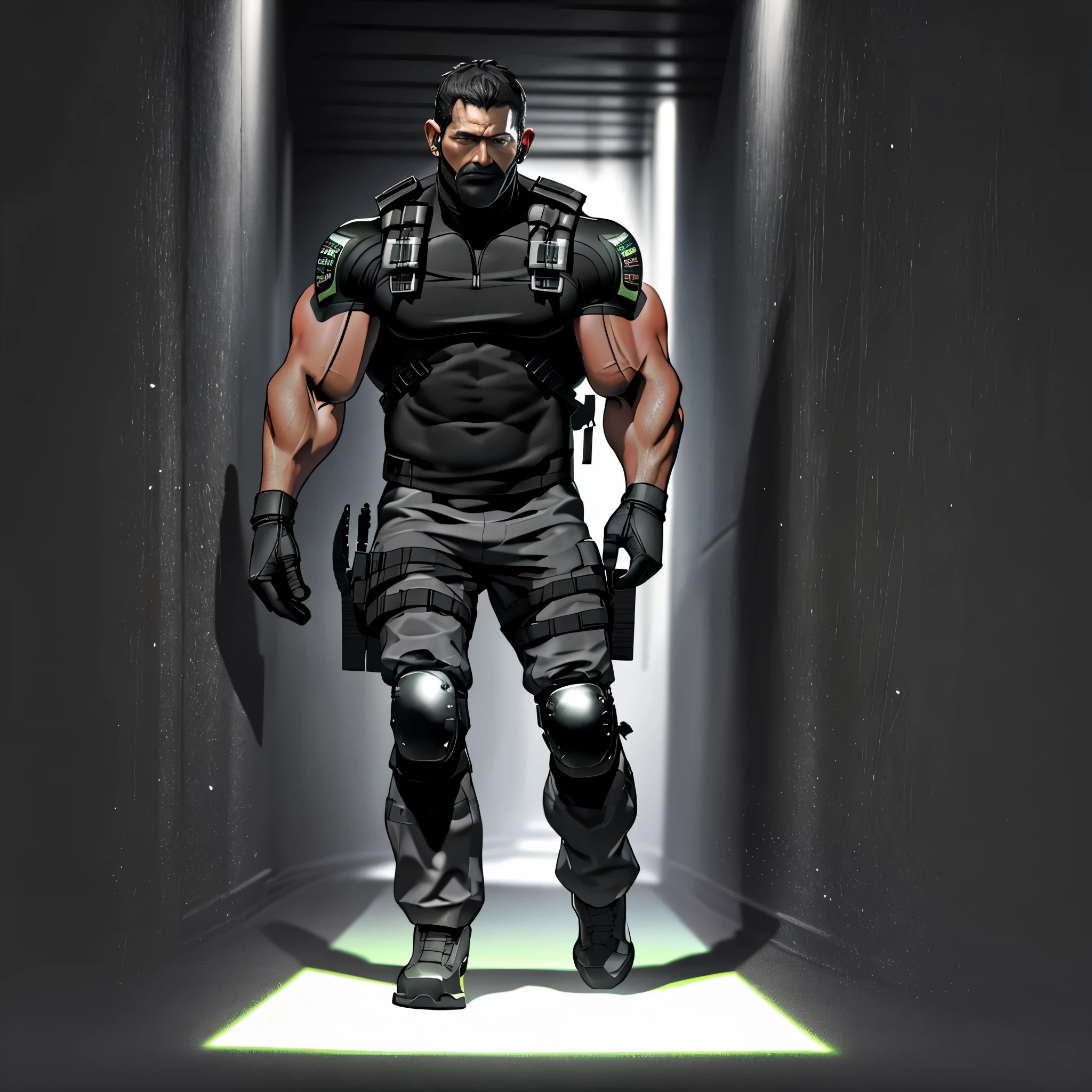 1 person, Solitary, 45 years old, chris redfield, hairy chest, hairy body, hairy legs, fully naked only wearing black socks, Shoulder black，bsaa logo bandana on shoulder, tall and big, Biceps, Abdominal muscles, Chest, best quality, masterpiece, high resolution:1.2, full body photo, Dark corridor with dark black background, Delicate face, shadow, Volumetric Lighting, Upper body photo, Low photographic angle, only wearing only black socks(socks1.4), big foot