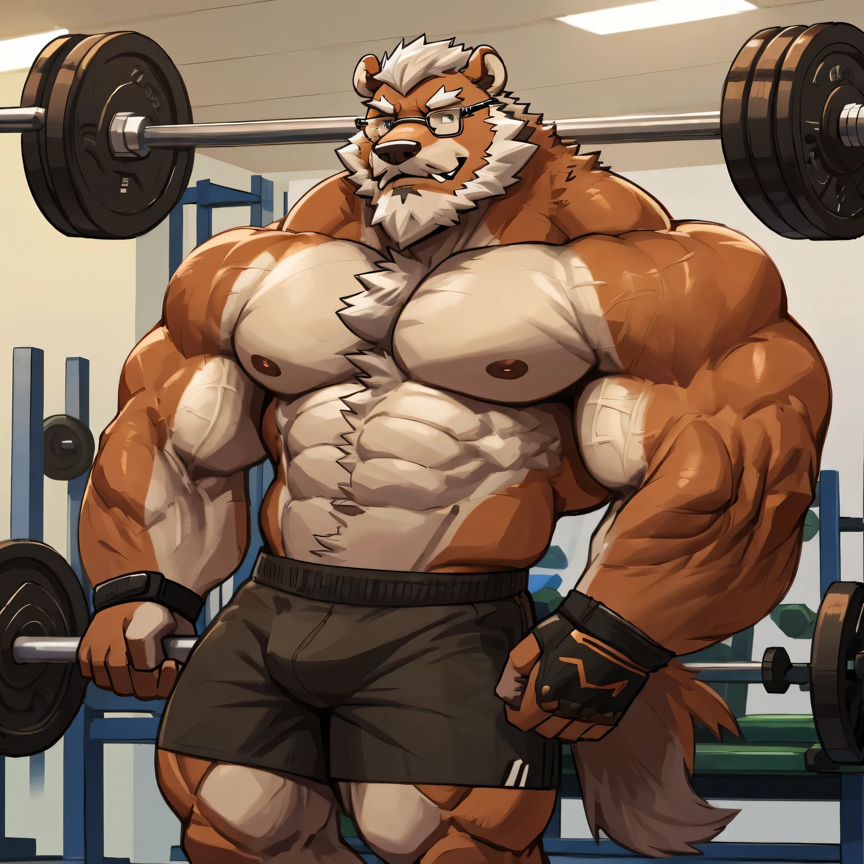 solo, 1boy, Huge Muscular Old Grizzly Bear wearing glasses , pectoral, huge pectoral, wide pectoral, short white hair, short pants black wristbands and shirtless topless, bearded, Mustache, gym background, masterpiece, high detailed, 8k, high resolution, at the gym lifting weights as he bench press