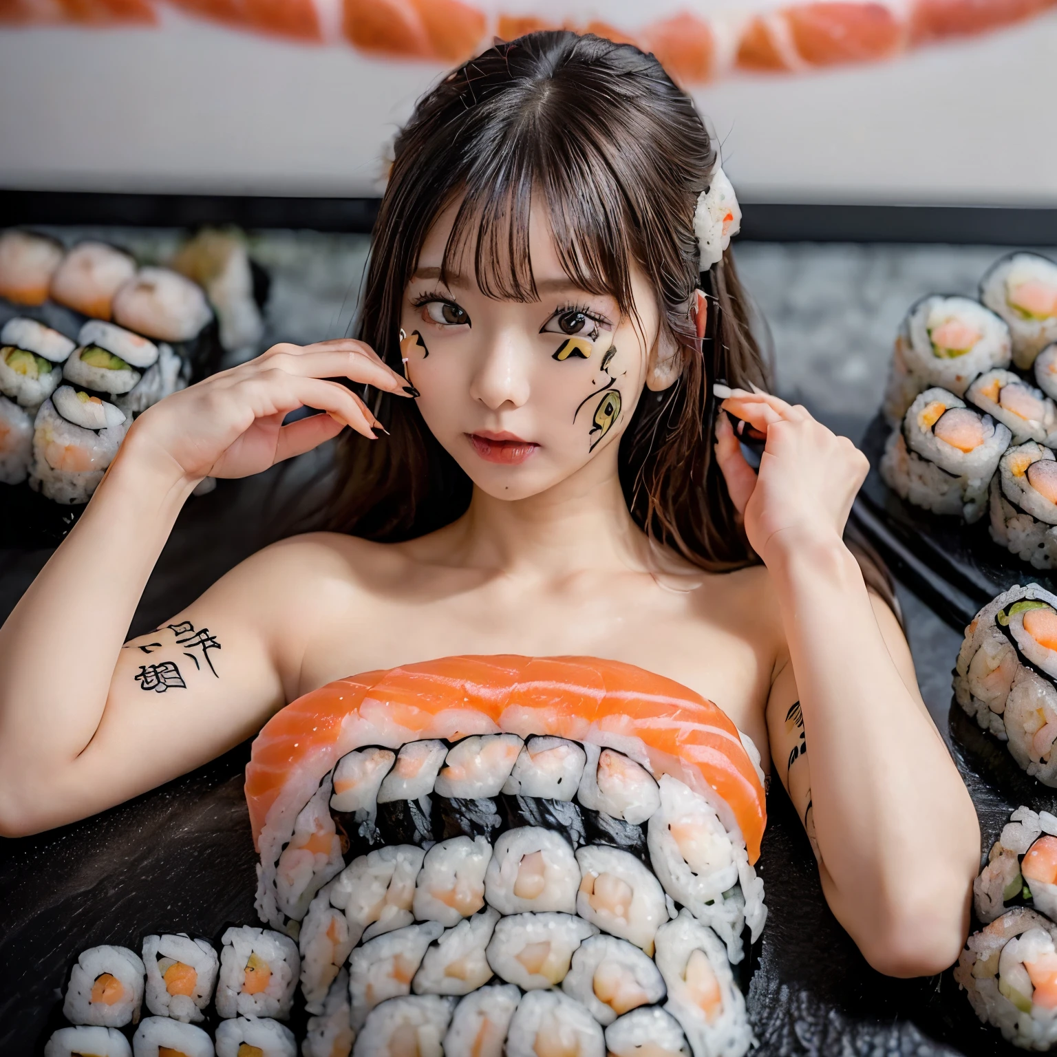 (Girl lying on her back on a table:1.3), Wearing a bikini, (There is so much sushi that you can't eat it all.、Placed directly on her body, The number of sushi decorated all over the body々:1.8), (highest quality:1.4), (super high quality), Professional photography, Cinema Lighting, (Highly detailed beautiful face), Great face and eyes, (View from above:1.3),