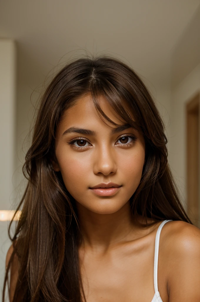 a beautiful young woman with tanned skin, long, straight light brown hair and brown eyes