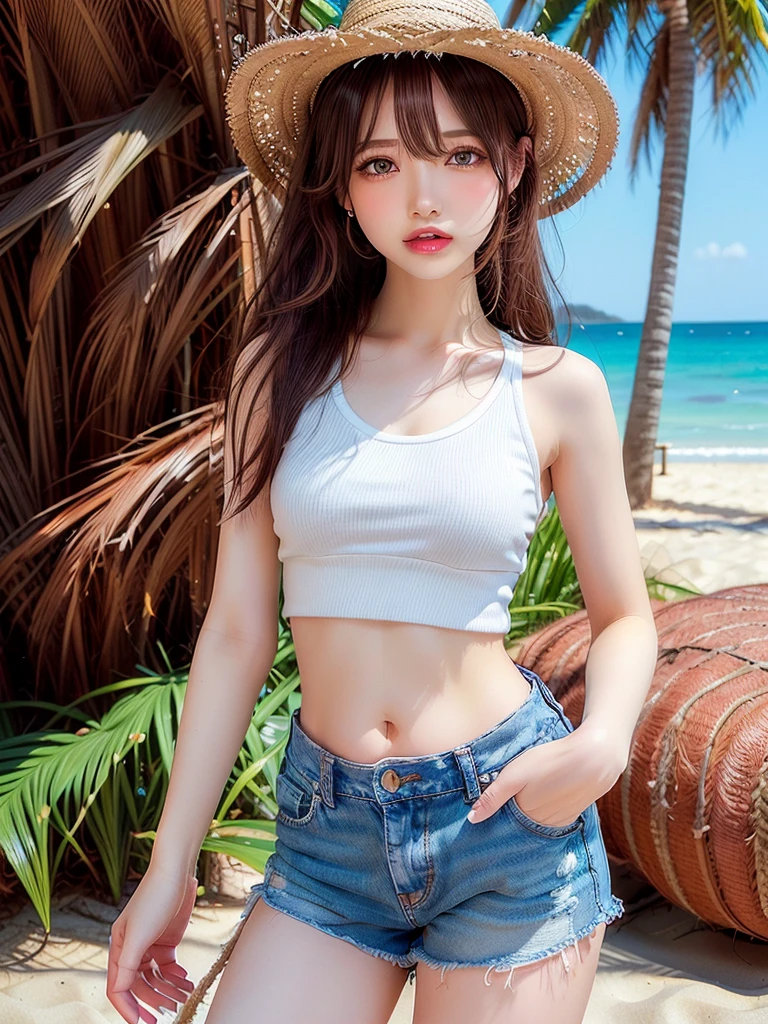 ((Highest quality)),(超A high resolution),(Very detailed),(Detailed Description),((The best CG)),(masterpiece),Very detailedなアート、Small breasts、(((Whitening 1.5)))、Clear skin quality、White tank top、Jeans shorts、Narrow waist、Show your belly button、Small straw hat、Sandy Beach、Ocean、
