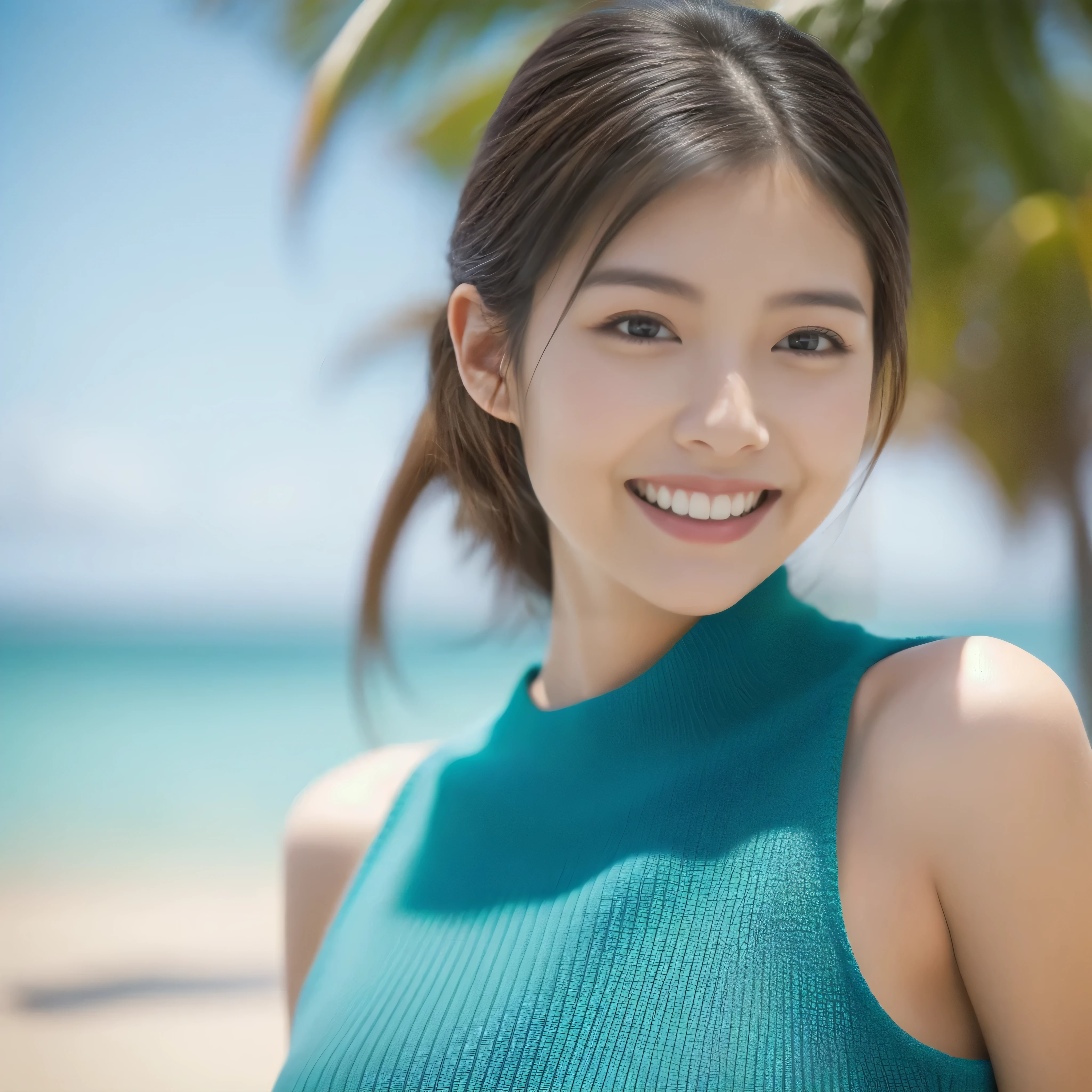 The face of a hostess、British high neck sleeveless knit、High quality、Ultra-realistic、fine、Smiling face、Slim perfect figure、Japanese beauty、 Perfect Eyes、Radiant Skin、Tropical sea background