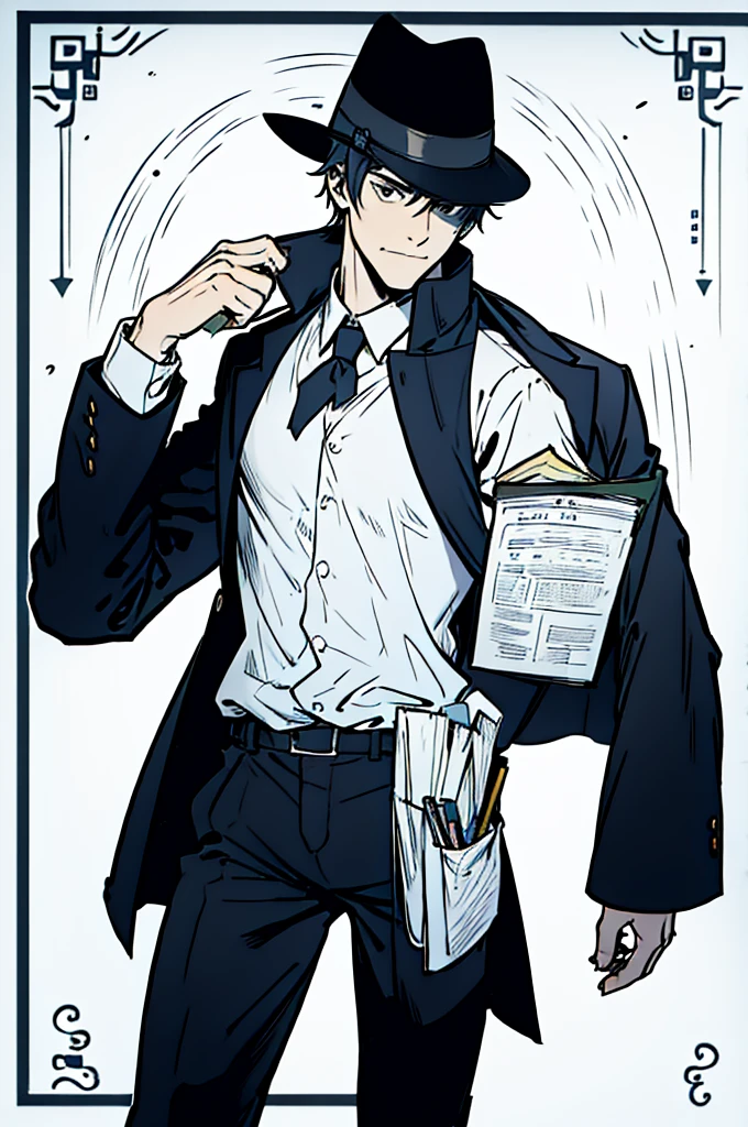 A person who looks easy-going and reliable. There is a detective element in the picture.