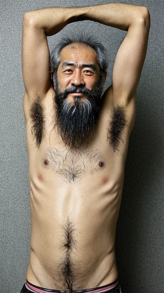 Kakiga, hairy, Japanese man, 50 years old, smelly, dirty, beard, armpit hair