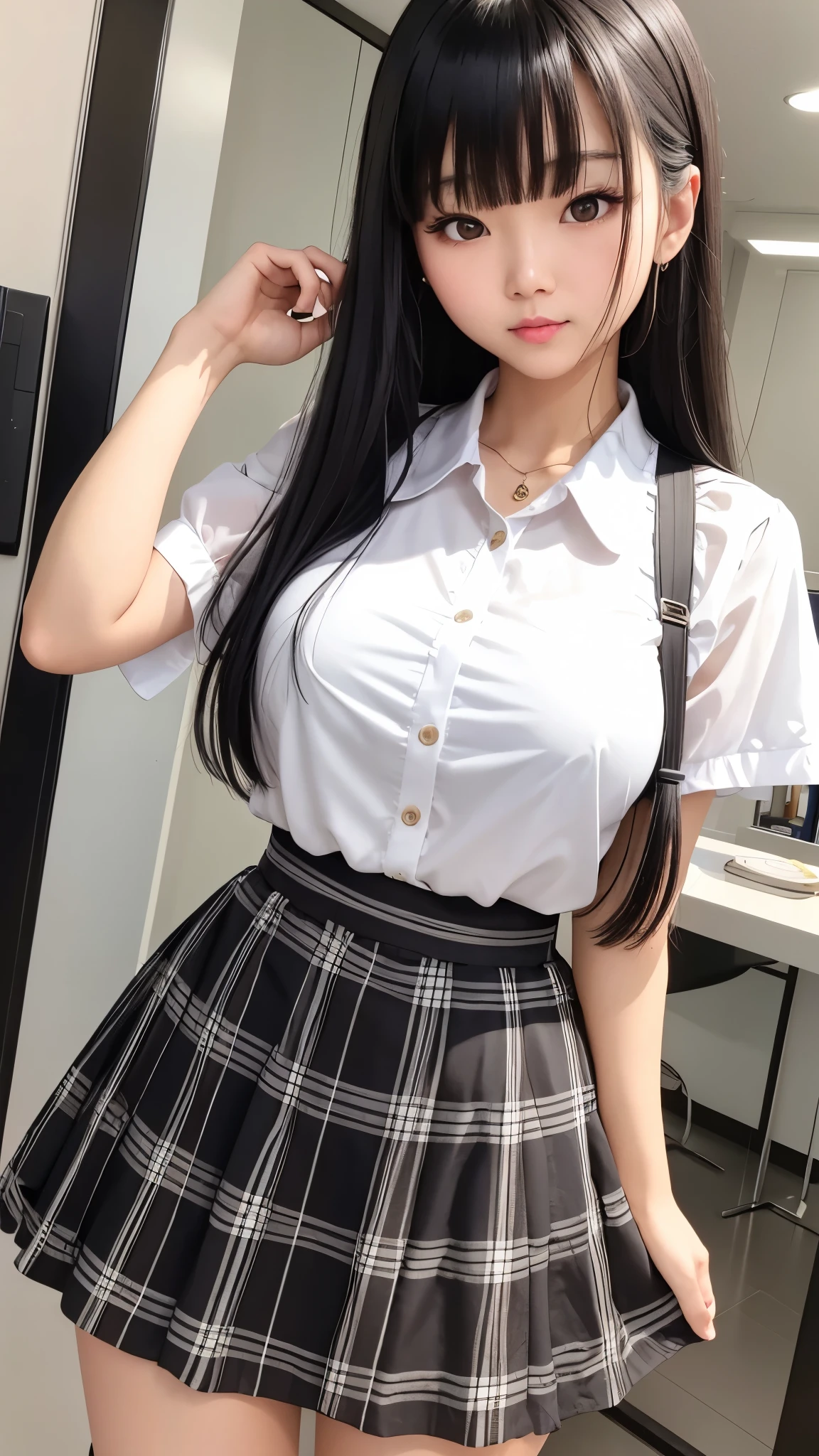 Detailed face、highlight、Asian Girl、thigh、breast enhancement、Black Hair、Heavy bangs、Checkered Skirt、White blouse、
