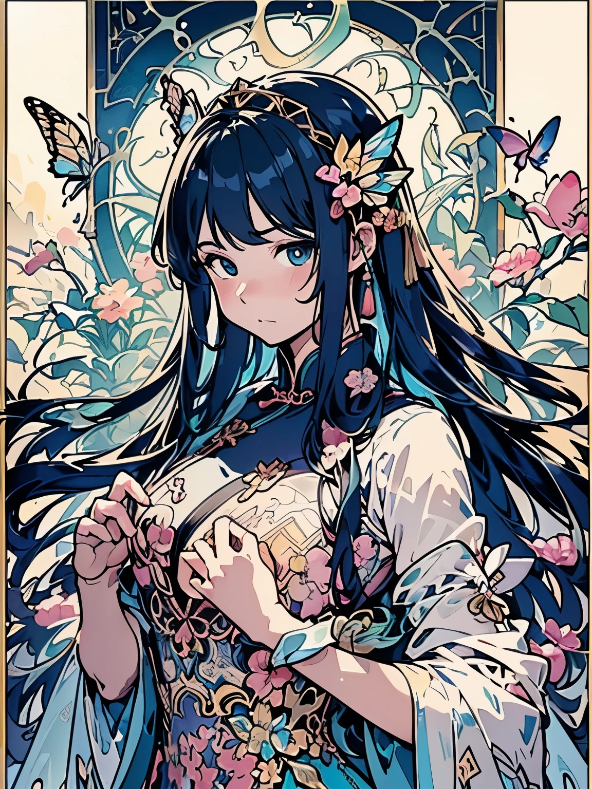 (masterpiece、highest quality、highest quality、Official Art、Beautiful and beautiful:1.2)、(One Girl:1.3)Hatsune Miku、Twin tails,Beautiful breasts,(((masterpiece))), ((Best Quality, Ultra-fine illustrations, Beautiful and delicate water)),Depth of written boundary, Amazing 8K CG wallpaper, ( Delicate Light), ((Cinema Lighting)),(Portraiture),Portrait Lens,(((Alphonse Mucha))),((Fantasy Style)),((Shine)),(((Tarot Cards)))
(Young girl),(((China_China dress))),(Delicate eyelashes),((Cute anime face)),(Very delicate and beautiful),(hair_flower),(gem),(crystallization),((colored inner long hair)),(Multicolor),(Beautifully detailed face ),((( detailed long hair ))),floating long hair,gradient hair,(race),(ribbon),((Crown)),(Detailed cloth)
((butterfly)),(detailed butterfly) ,(Multicolor butterfly),
(neon palette),((detailed flowers)) ,((Multicolor flowers)),(flowers_Surrounded),(butterfly_Surrounded)(((Fill the screenflowerが咲く))),((Fill the screen))