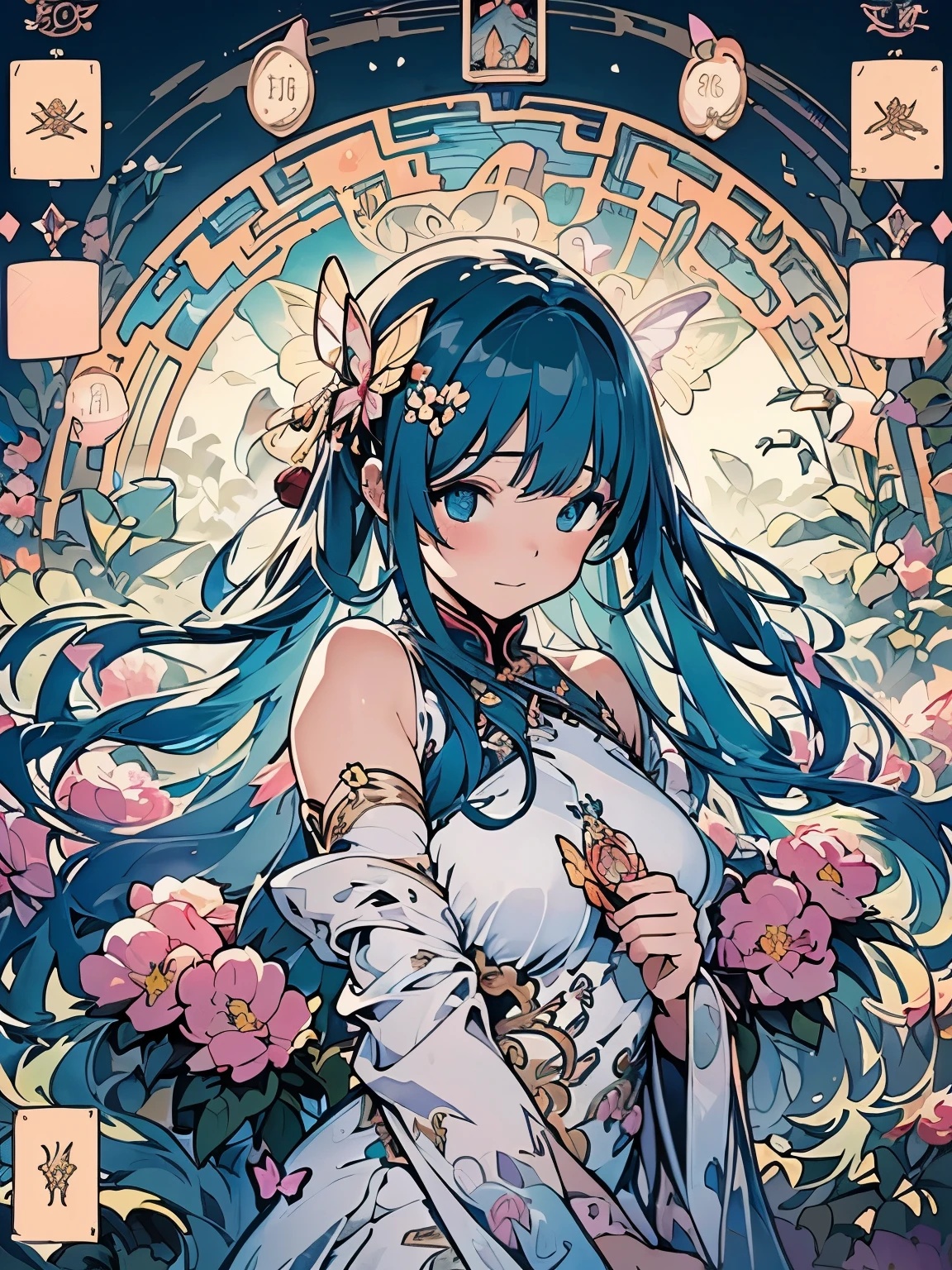 (masterpiece、highest quality、highest quality、Official Art、Beautiful and beautiful:1.2)、(One Girl:1.3)Hatsune Miku、Twin tails,Beautiful breasts,(((masterpiece))), ((Best Quality, Ultra-fine illustrations, Beautiful and delicate water)),Depth of written boundary, Amazing 8K CG wallpaper, ( Delicate Light), ((Cinema Lighting)),(Portraiture),Portrait Lens,(((Alphonse Mucha))),((Fantasy Style)),((Shine)),(((Tarot Cards)))
(Young girl),(((China_China dress))),(Delicate eyelashes),((Cute anime face)),(Very delicate and beautiful),(hair_flower),(gem),(crystallization),((colored inner long hair)),(Multicolor),(Beautifully detailed face ),((( detailed long hair ))),floating long hair,gradient hair,(race),(ribbon),((Crown)),(Detailed cloth)
((butterfly)),(detailed butterfly) ,(Multicolor butterfly),
(neon palette),((detailed flowers)) ,((Multicolor flowers)),(flowers_Surrounded),(butterfly_Surrounded)(((Fill the screenflowerが咲く))),((Fill the screen))