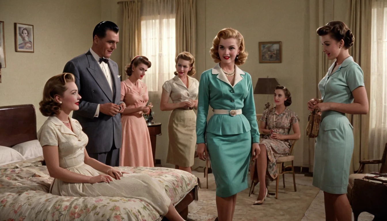 (RAW, Best quality, high resolution, Masterpiece: 1.3), Beautiful scene from the 1950s, ((Hombres y mujeres de los 50s)), ((With typical clothes from the 50s)), enjoying themselves at home in a luxuary Bedroom, ((scenery set in a very big bedroom)), 1950s cinematic, image super defined, ((Personas y lugar Hiperrealismo)), 8k. The scene transports us back to the era of the 1950s, filled with classy women dressed in the fashion of that time. They are gathered around a nude blonde woman,the girls are wearing typical clothes from the 50s, low cut dresses, and sexy underwear,