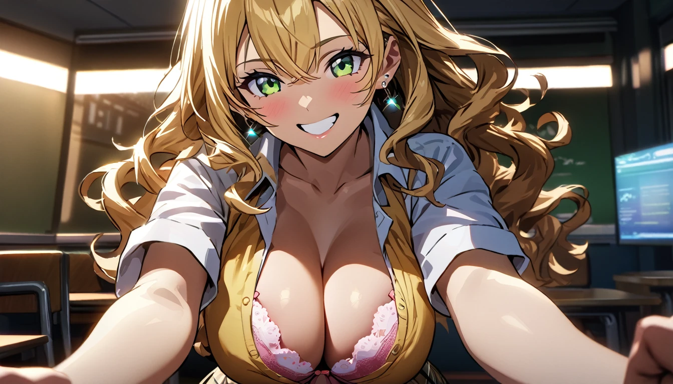 (best quality:1.5, highres, UHD, 4K, detailed lighting, shaders), blonde wavy hair, gyaru, large breasts, short sleeve , cleavage, unbuttoned shirt, bra, sexy, skirt, (pov, close shot), earrings, smiling, standing, classroom background