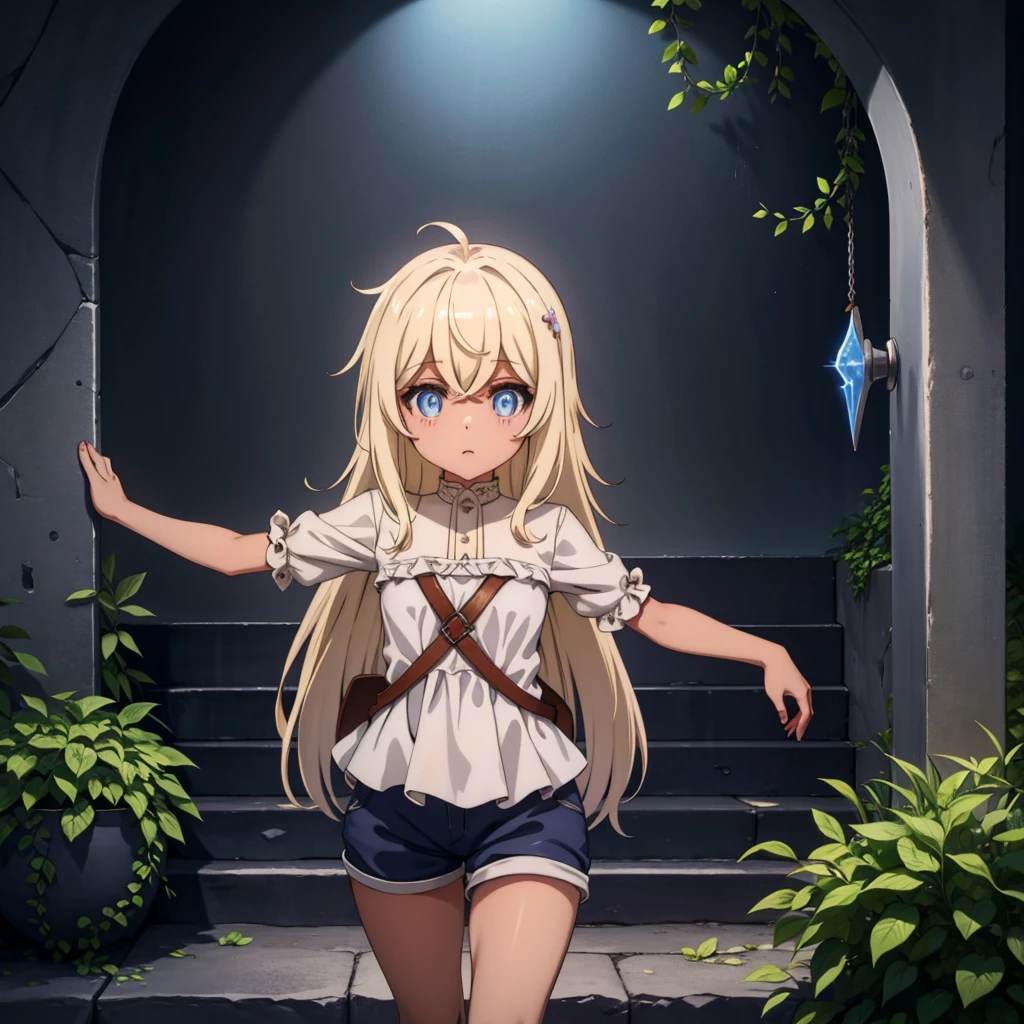 最high quality、high quality、Frugal cloth clothes、１０Year-old girl adventurer、Climb the dungeon stairs、Shorts、Equipped with a dagger and a shield、Inside the dim labyrinth、The whole body is covered with a translucent material.