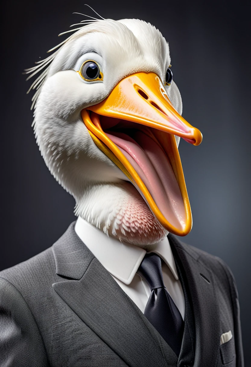 face close up photo of anthropomorphic fat pelican ,(beak), dressed in a dark gray suit, (sticking out tongue:1.5),(happy smile:1.5),(playful:1.2), soft lighting, Cinematic, hdr, primitive, Intricate, High quality, smoothing tones, Intricate details, Low contrast,(viewed from side:2.0), (looking to the side:1.5), simple background
