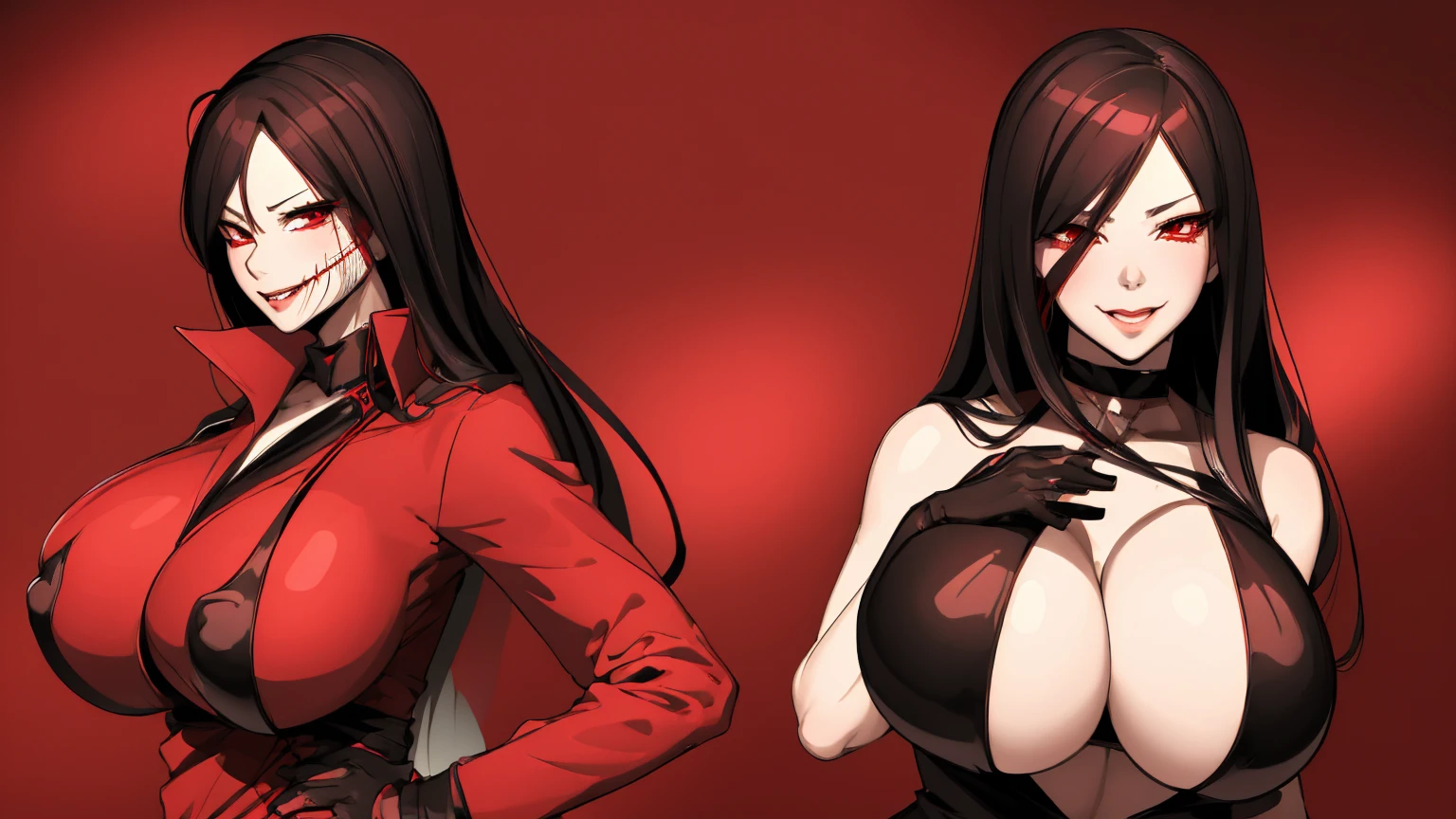 Kuchisake-onna Super Extra large breasts breast enlargement, red coat, long hair, red eyes, black garter stockings, black bikini, full-body shot, looking at the camera, standing alone in the rain, holding a large scissor in her right hand, lips split, stitches, smiling, blushing, shy and cute