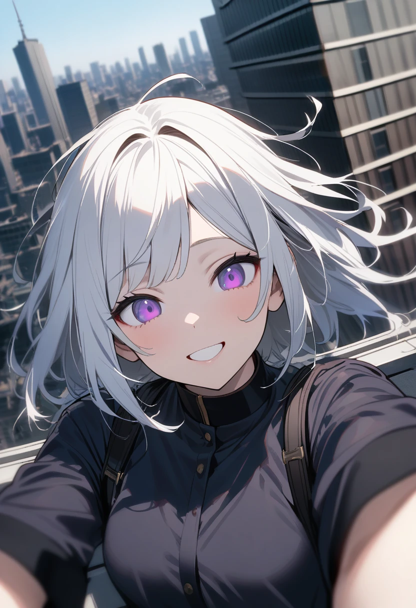 1 female, alone, 超skyscraperの屋上に立つ女性, woman taking a Selfie on the roof of a building, (Selfie:1.3), fear, Pale face, smile, Disorganized, Strong winds, Motion Blur , Speed Line, skyscraper, high quality, High detail,White Hair,Purple Eyes