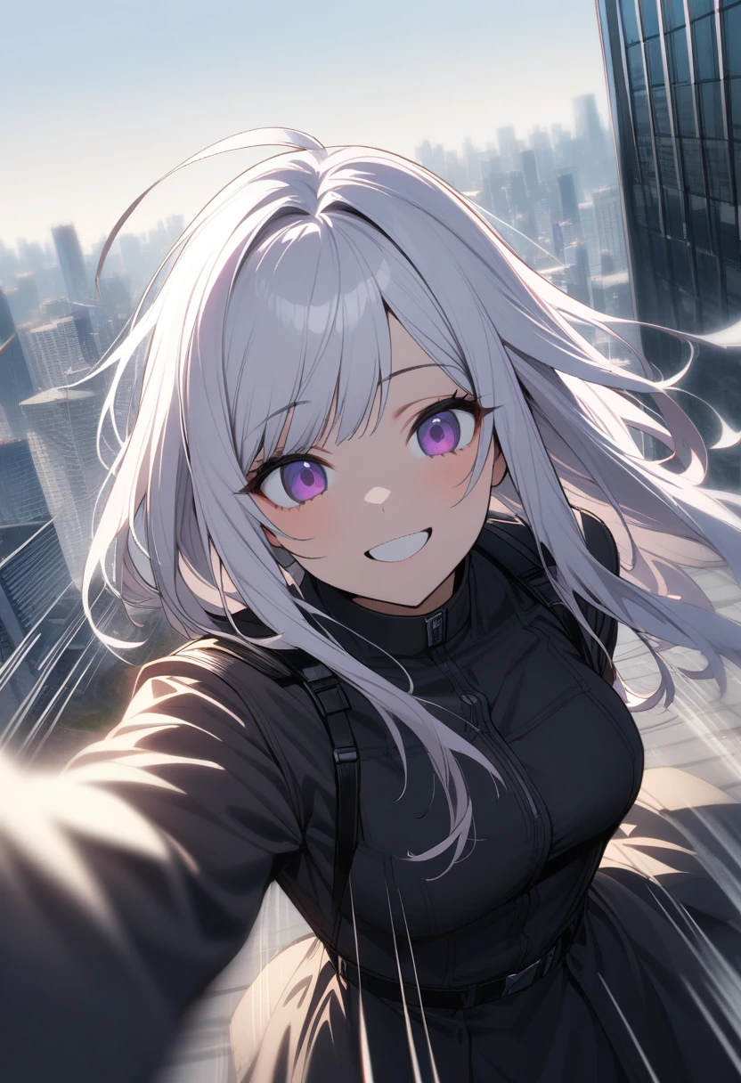 1 female, alone, 超skyscraperの屋上に立つ女性, woman taking a Selfie on the roof of a building, (Selfie:1.3), fear, Pale face, smile, Disorganized, Strong winds, Motion Blur , Speed Line, skyscraper, high quality, High detail,White Hair,Purple Eyes