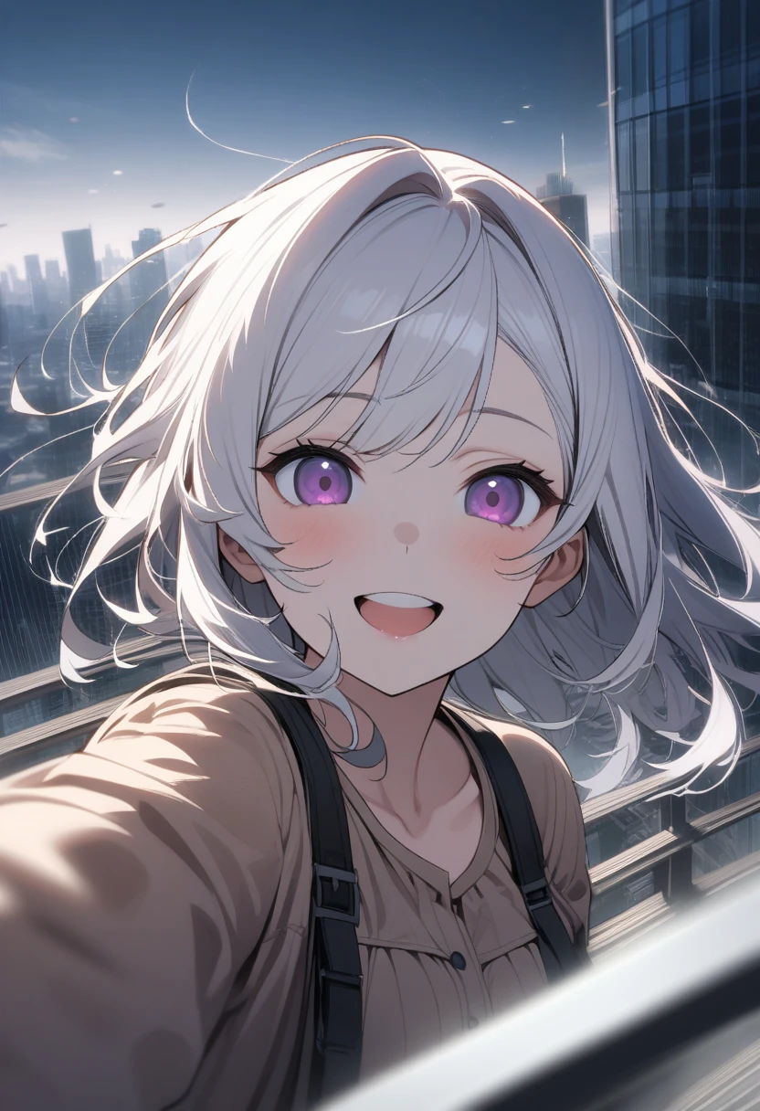 1 female, alone, 超skyscraperの屋上に立つ女性, woman taking a Selfie on the roof of a building, (Selfie:1.3), fear, Pale face, smile, Disorganized, Strong winds, Motion Blur , Speed Line, skyscraper, high quality, High detail,White Hair,Purple Eyes
