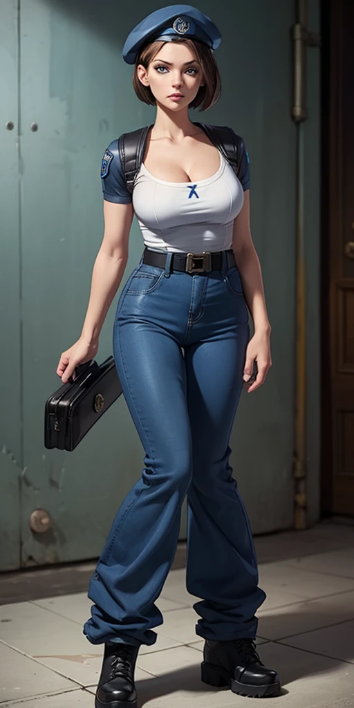 Jill Valentine, masterpiece, best quality, 1girl, solo, standing, jillre1, beret, uniform, shoulder pads, short sleeves, harness, belt, bell-bottom blue pants(Wide flares on pants:1.2), cleavage, black combat boots, full body, perfect blue eyes, perfect red mouth,