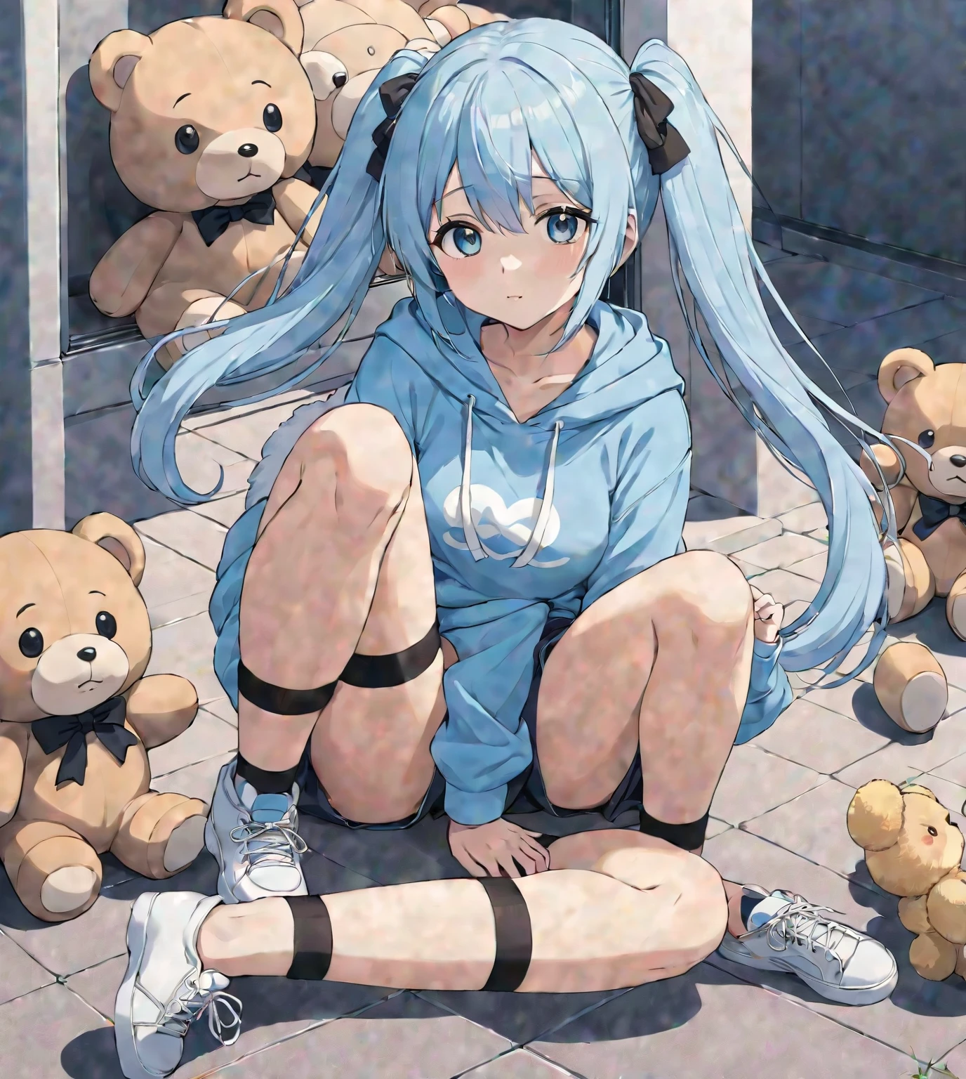 Anime girl sitting on the ground with a teddy bear, Anime Moe Art Style, There are lots of dark brown bandages on his legs.、Light blue long hair wearing a hoodie、Twin-tailed Girl, Cute Anime Girl, Anime girl crouching, Cute girl anime visuals, High quality anime art style, Young Anime Girl