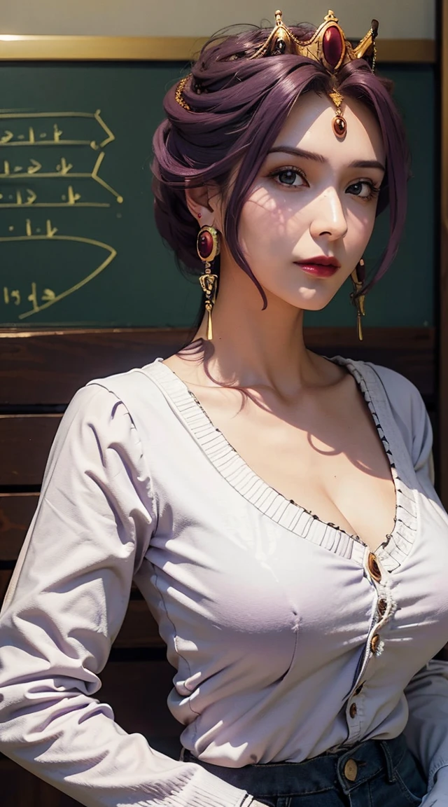 Mirellia_Q_Melromarc, perfect_breasts, purple_hair, purple_eyes, jewelry, earrings, beautiful, beautiful woman, perfect body, perfect breasts, wearing white shirt, black cardigan, long jeans, handbag, wearing watch, wearing earrings -earrings, in class, at college, university, blackboard, looking at the audience, a slight smile, realism, masterpiece, textured leather, super detailed, high detail, high quality, best quality, 1080p, 16k