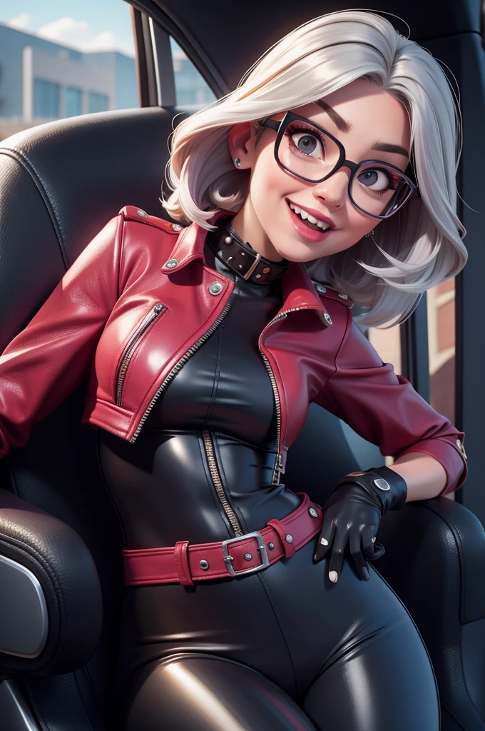 obra prima, melhor qualidade, (kat timpf 70yo face wrinkles) head back, sassy wicked girl, big toothy smile, open mouth, fat lips, ultra shiny pastel lipstick, (silver rounded bob hair,) black plastic glasses, leather biker jacket, leather pants with studs zippers snaps, leather beret, nipples, (metallic bright cherry red leather outfit,) shiny leather gloves, body is skinny, reclining in car seat, arched back, hips twisted, stick shift, overhead camera view, looking down at me, shallow depth of field, highres, HD, 8k, anatomically correct