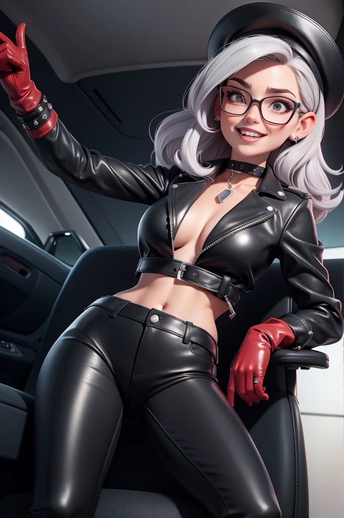 obra prima, melhor qualidade, (kat timpf 70yo face wrinkles) head back, sassy wicked girl, big toothy smile, open mouth, fat lips, ultra shiny pastel lipstick, (silver rounded bob hair,) black plastic glasses, leather biker jacket, leather pants with studs zippers snaps, leather beret, nipples, (metallic bright cherry red leather outfit,) shiny leather gloves, body is skinny, reclining in car seat, arched back, hips twisted, stick shift, overhead camera view, looking down at me, shallow depth of field, highres, HD, 8k, anatomically correct