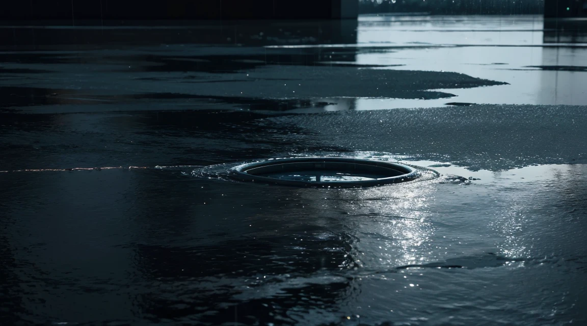 A lot of rain is falling on the mirror-like surface of the water, and it keeps raining all the time, (Photographic, Best Quality, High Quality, Highres:1.4), Detailed, Extremely Detailed, Ambient Soft Lighting, 4K, Background, Depth of Field, 